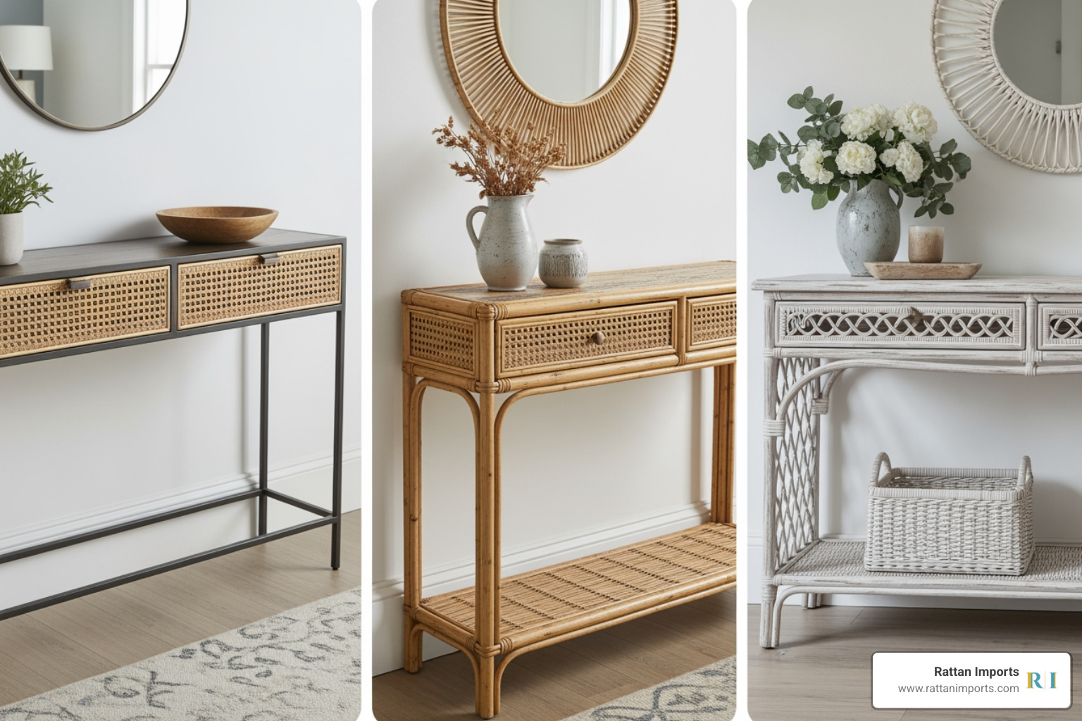 Three different styles of rattan console tables: one modern with clean lines and metal accents, one boho with natural woven rattan and a distressed wood top, and one coastal with a whitewashed finish and intricate wicker detailing. - rattan console table with storage Three different styles of rattan console tables: one modern with clean lines and metal accents, one boho with natural woven rattan and a distressed wood top, and one coastal with a whitewashed finish and intricate wicker detailing. - rattan console table with storage