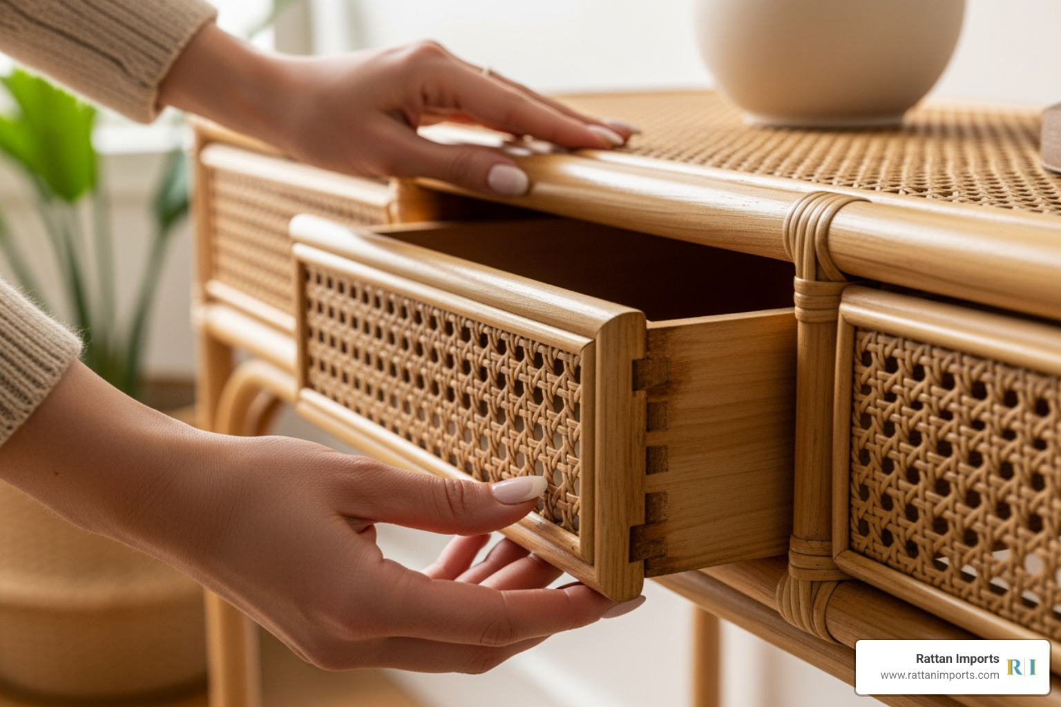 A person gently pushing and pulling a drawer on a rattan console table, checking its smooth operation and the overall stability of the table. - rattan console table with storage A person gently pushing and pulling a drawer on a rattan console table, checking its smooth operation and the overall stability of the table. - rattan console table with storage