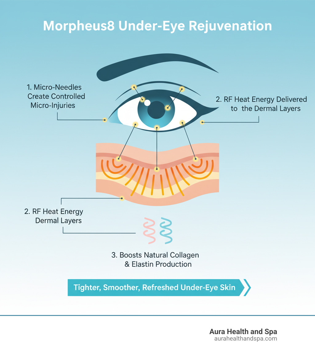 Infographic showing how Morpheus8 works: tiny needles create controlled micro-injuries in the skin while delivering radiofrequency heat energy to the deeper dermal layers, triggering the body's natural collagen and elastin production for tighter, smoother, more rejuvenated under-eye skin - morpheus8 under eyes infographic 
