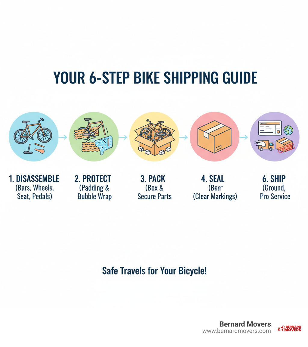 Infographic showing the 6 key steps to shipping a bike: Step 1 - Disassemble (remove handlebars, wheels, seat, pedals), Step 2 - Protect (wrap frame and components in foam padding and bubble wrap), Step 3 - Pack (place bike in box with spacers and secure all parts), Step 4 - Seal (use H-taping method with 2-inch packing tape), Step 5 - Label (add clear shipping labels and FRAGILE markings), Step 6 - Ship (choose ground shipping, express, or professional moving service) - how to ship a bicycle infographic Infographic showing the 6 key steps to shipping a bike: Step 1 - Disassemble (remove handlebars, wheels, seat, pedals), Step 2 - Protect (wrap frame and components in foam padding and bubble wrap), Step 3 - Pack (place bike in box with spacers and secure all parts), Step 4 - Seal (use H-taping method with 2-inch packing tape), Step 5 - Label (add clear shipping labels and FRAGILE markings), Step 6 - Ship (choose ground shipping, express, or professional moving service) - how to ship a bicycle infographic