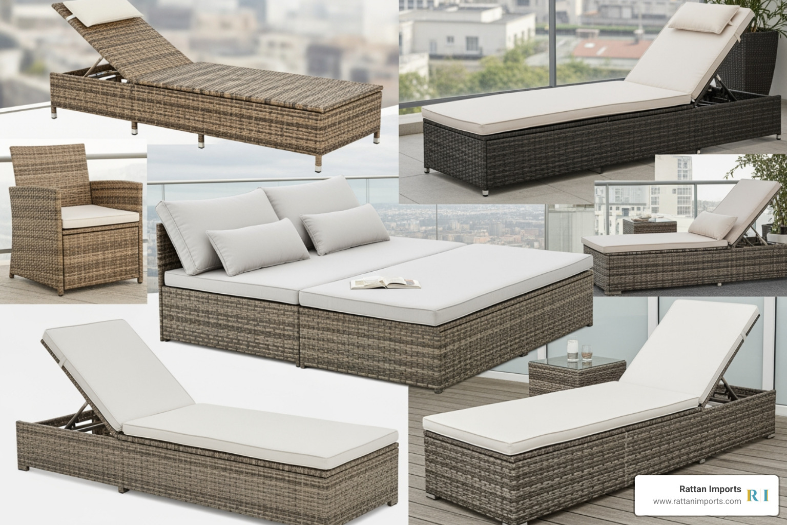 collage showing different types of rattan and wicker loungers - balcony loungers collage showing different types of rattan and wicker loungers - balcony loungers