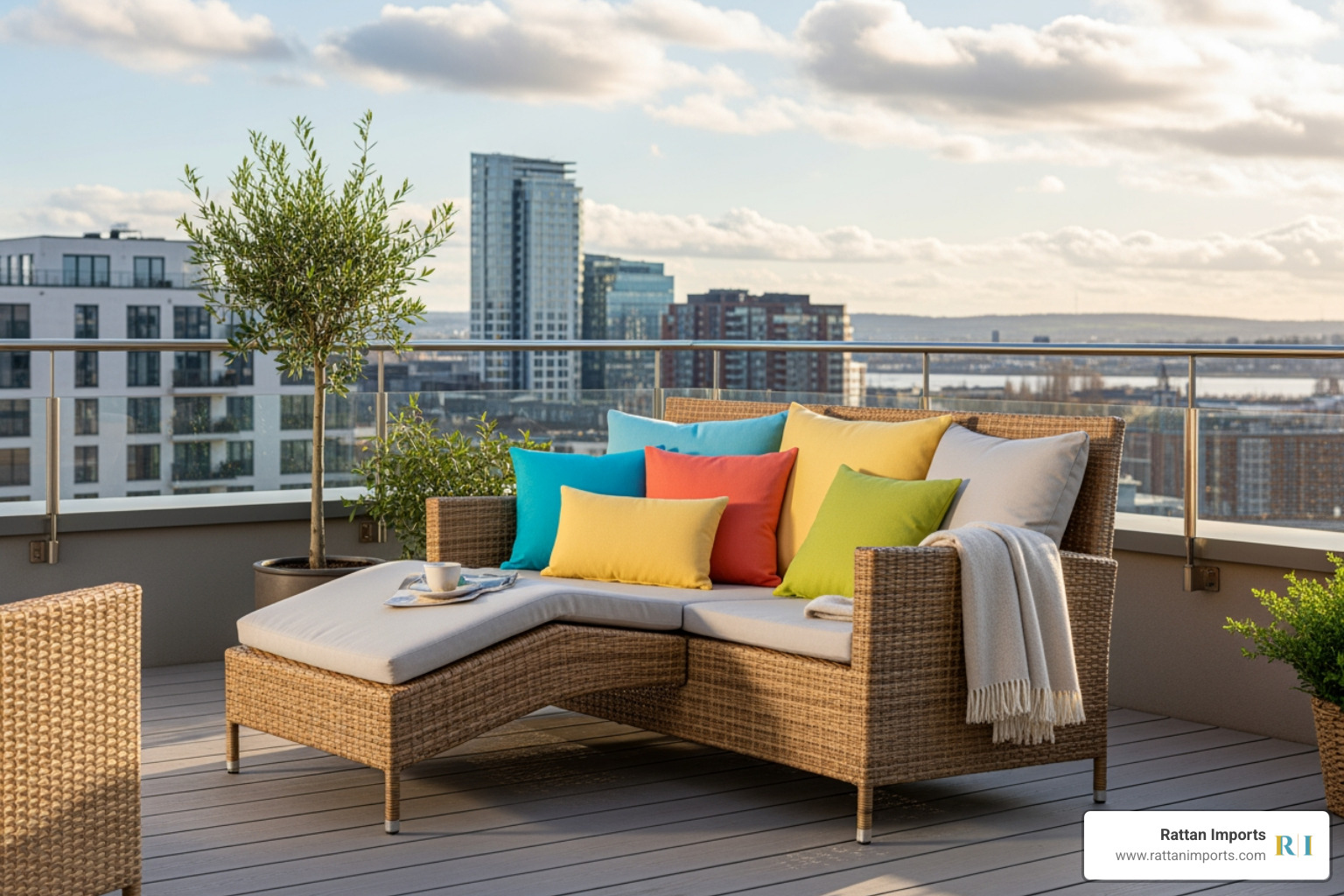 beautifully styled rattan balcony lounger with colorful pillows - balcony loungers beautifully styled rattan balcony lounger with colorful pillows - balcony loungers