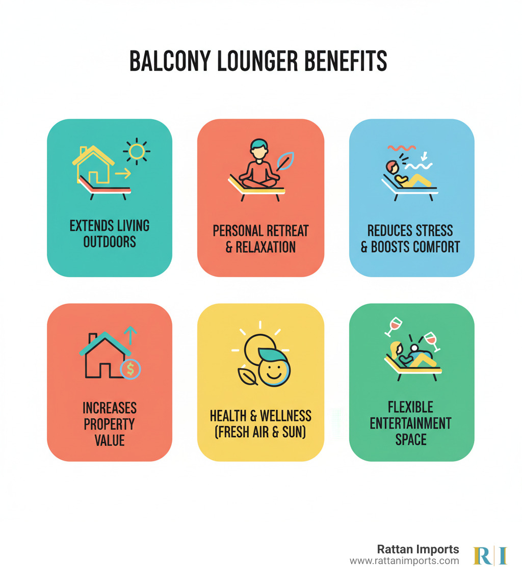 Infographic showing the benefits of balcony loungers: extends living space outdoors, creates a personal retreat for relaxation, reduces stress through comfortable outdoor seating, increases property value with stylish outdoor furniture, provides health benefits from fresh air and sunlight, and offers flexible entertainment space for guests - balcony loungers infographic Infographic showing the benefits of balcony loungers: extends living space outdoors, creates a personal retreat for relaxation, reduces stress through comfortable outdoor seating, increases property value with stylish outdoor furniture, provides health benefits from fresh air and sunlight, and offers flexible entertainment space for guests - balcony loungers infographic