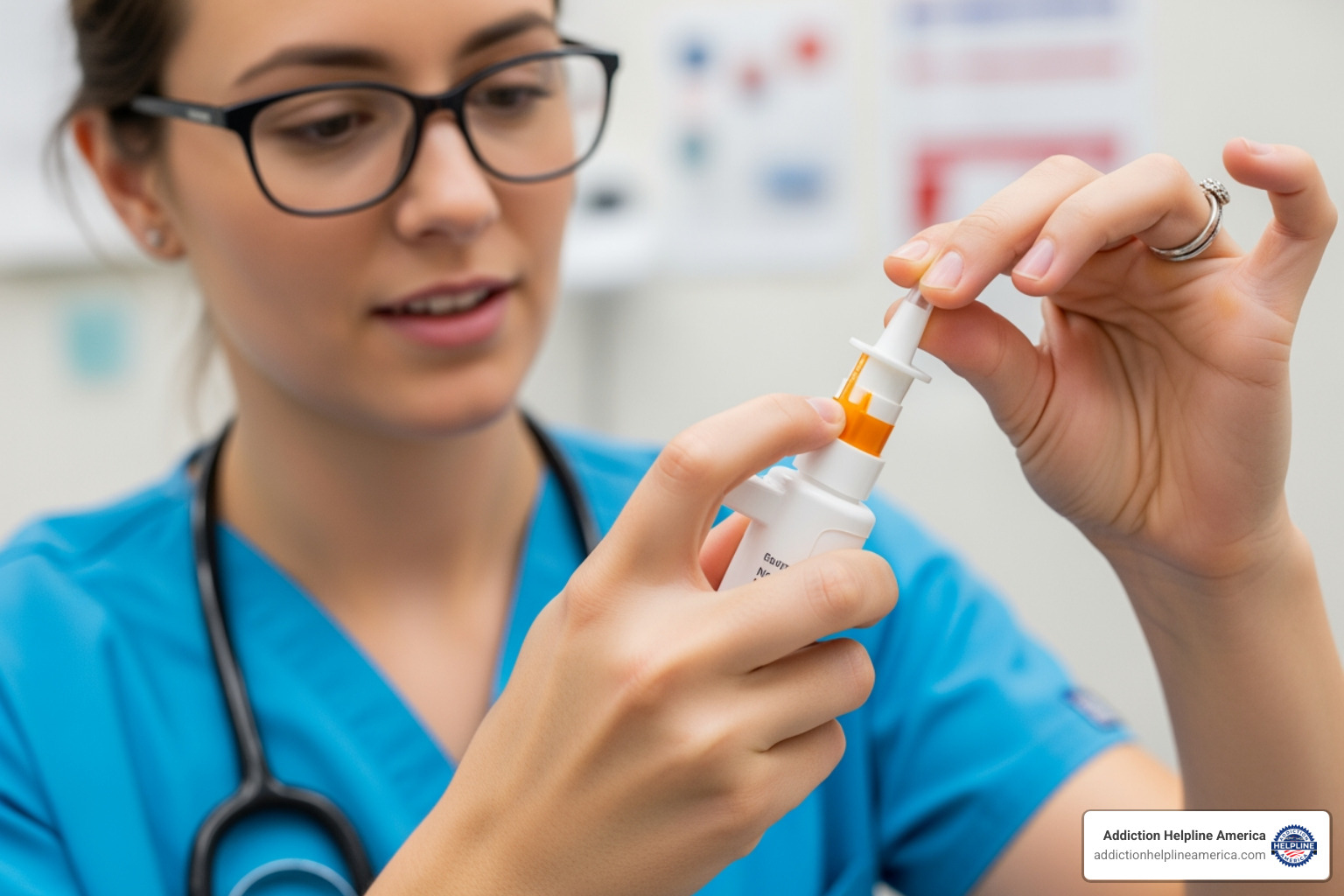 person demonstrating how to use a naloxone nasal spray - opioid addiction solutions