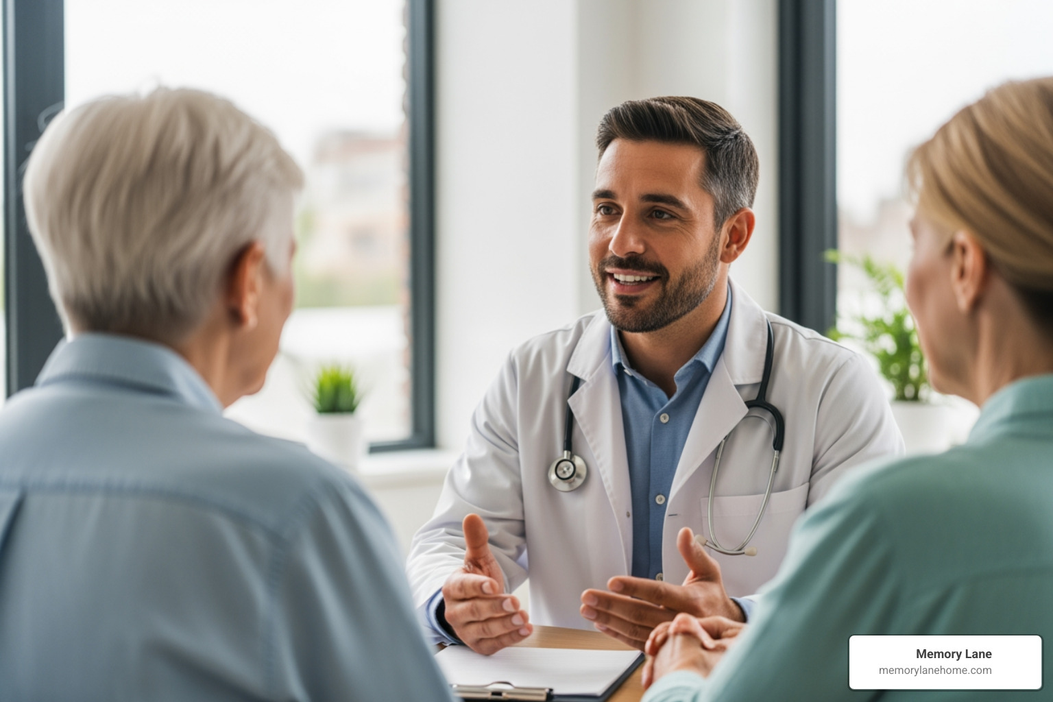 compassionate doctor speaking with a senior patient and their family member - early-stage dementia care compassionate doctor speaking with a senior patient and their family member - early-stage dementia care