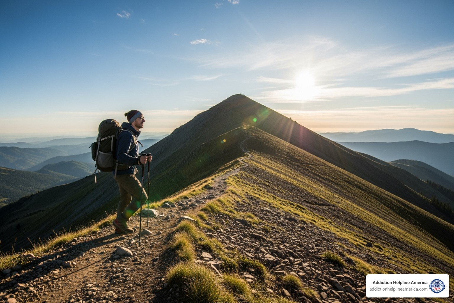 A person hiking towards a summit, symbolizing the recovery journey - comprehensive rehab programs