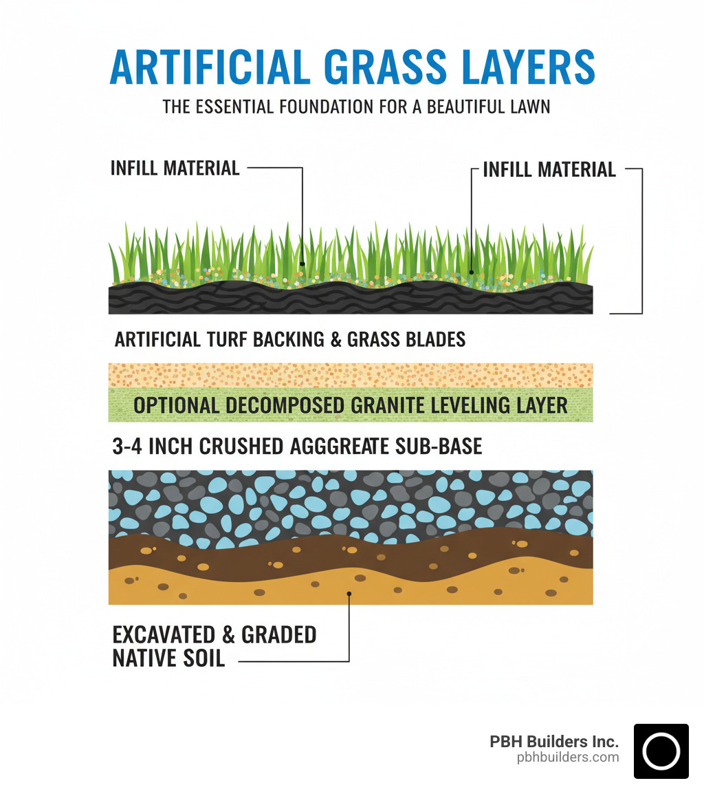Infographic showing cross-section of artificial grass installation with labeled layers: excavated and graded native soil at bottom, 3-4 inch crushed aggregate sub-base, optional weed barrier fabric, 1-2 inch leveling layer of decomposed granite, artificial turf backing, grass blades, and infill material between blades - artificial grass layers infographic 