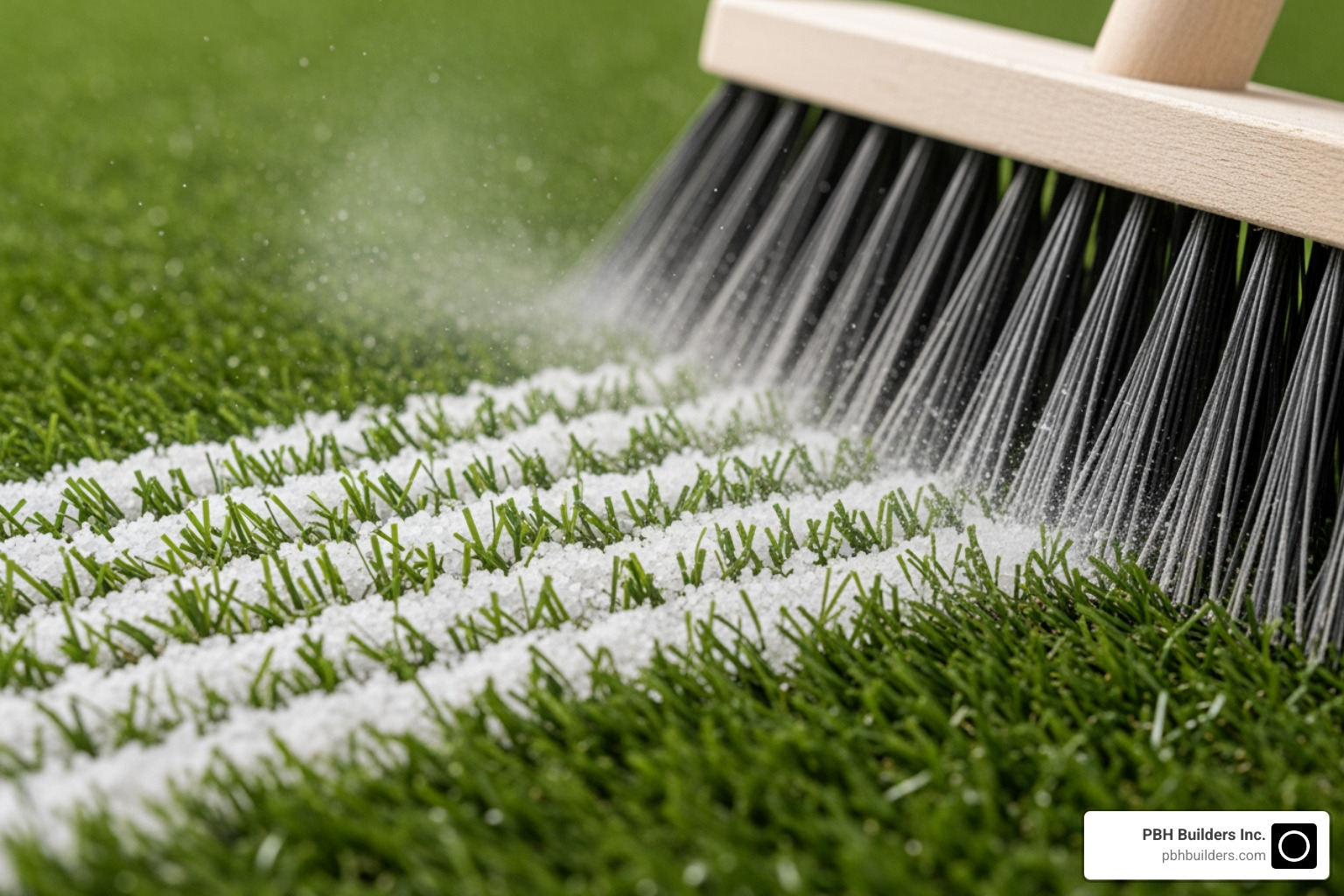 silica sand infill being brushed into turf - artificial grass layers