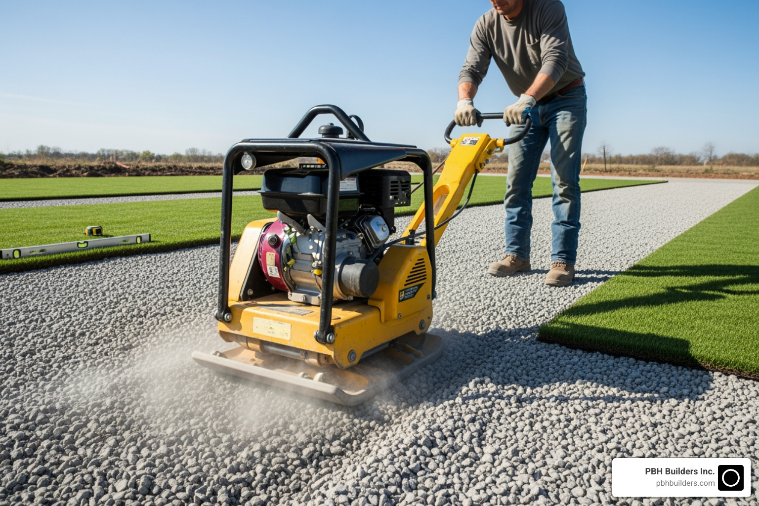 plate compactor on gravel base - artificial grass layers