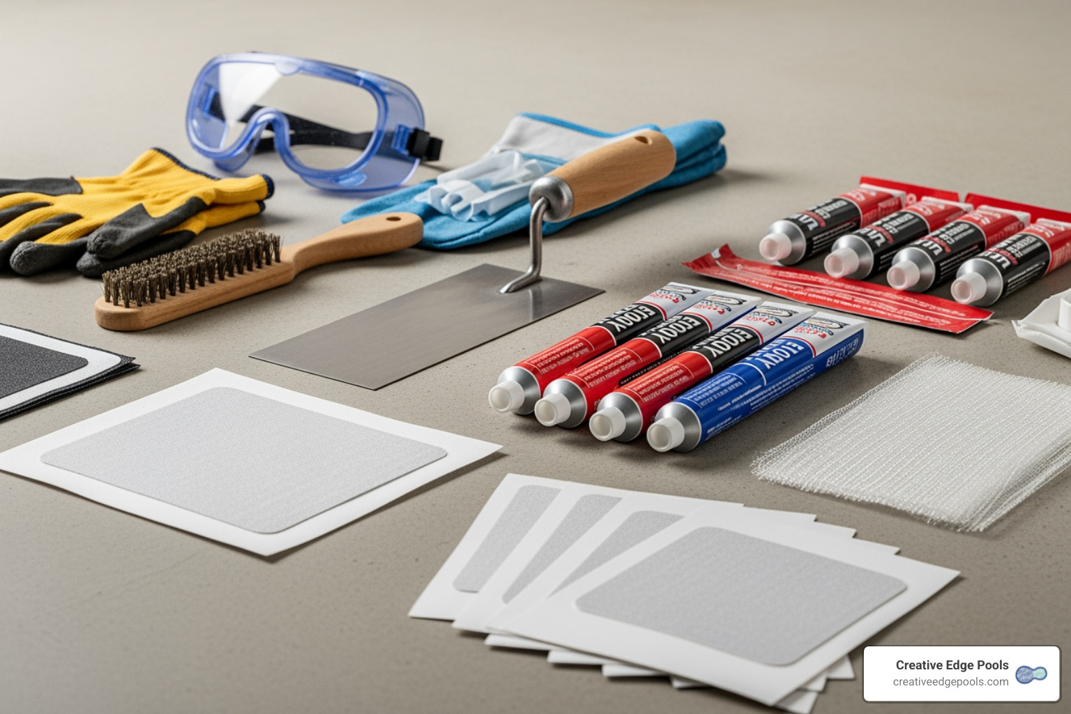 Collection of pool repair tools including goggles, gloves, trowel, wire brush, epoxy, and patch material. - Inground pool surface repair