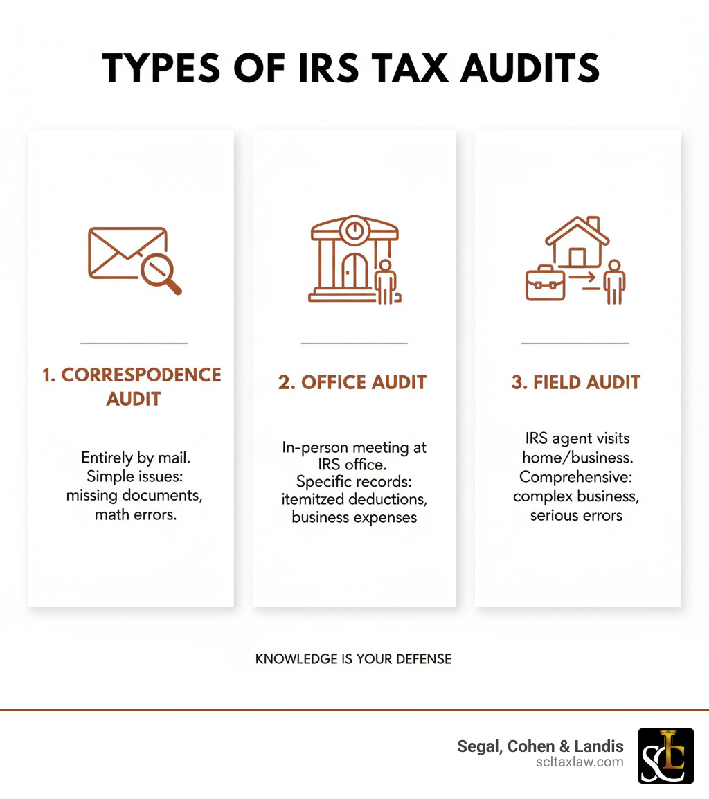 Infographic showing three types of IRS tax audits: 1) Correspondence Audit - handled entirely by mail, typically for simple issues like missing documentation or math errors; 2) Office Audit - requires in-person meeting at an IRS office with specific records, often for itemized deductions or business expenses; 3) Field Audit - IRS agent visits your home or business, most comprehensive type, often for complex business returns or suspected serious errors - tax audit representation near me infographic 