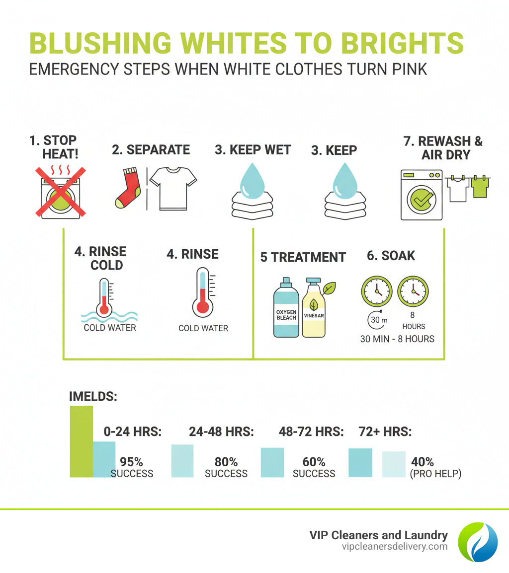 infographic showing emergency steps when white clothes turn pink: 1. Stop immediately and do not dry clothes with heat symbol crossed out. 2. Separate the offending colored item with image of red sock. 3. Keep clothes wet with water droplet icon. 4. Rinse in cold water with temperature gauge. 5. Choose treatment method with bottles of oxygen bleach and vinegar. 6. Soak for 30 minutes to 8 hours with clock icons. 7. Rewash and air dry with checkmark. Timeline showing 0-24 hours equals 95 percent success rate, 24-48 hours equals 80 percent, 48-72 hours equals 60 percent, and 72 plus hours equals 40 percent with professional help - how to clean white clothes that have turned pink infographic infographic showing emergency steps when white clothes turn pink: 1. Stop immediately and do not dry clothes with heat symbol crossed out. 2. Separate the offending colored item with image of red sock. 3. Keep clothes wet with water droplet icon. 4. Rinse in cold water with temperature gauge. 5. Choose treatment method with bottles of oxygen bleach and vinegar. 6. Soak for 30 minutes to 8 hours with clock icons. 7. Rewash and air dry with checkmark. Timeline showing 0-24 hours equals 95 percent success rate, 24-48 hours equals 80 percent, 48-72 hours equals 60 percent, and 72 plus hours equals 40 percent with professional help - how to clean white clothes that have turned pink infographic
