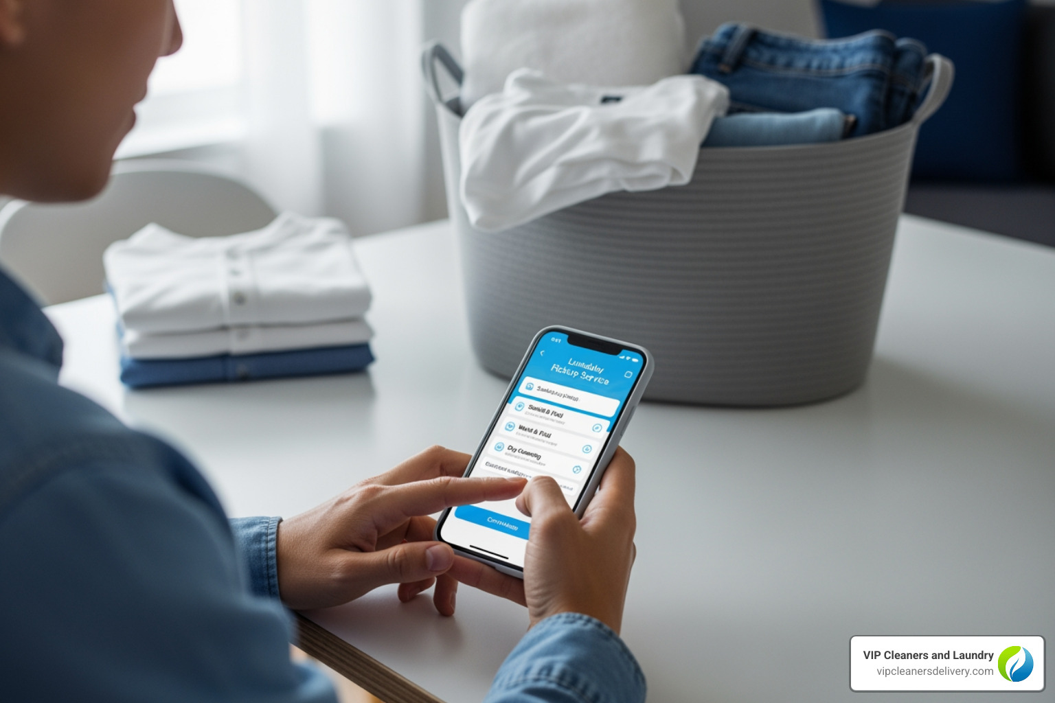 person scheduling laundry pickup on phone - mobile clothes washing service person scheduling laundry pickup on phone - mobile clothes washing service