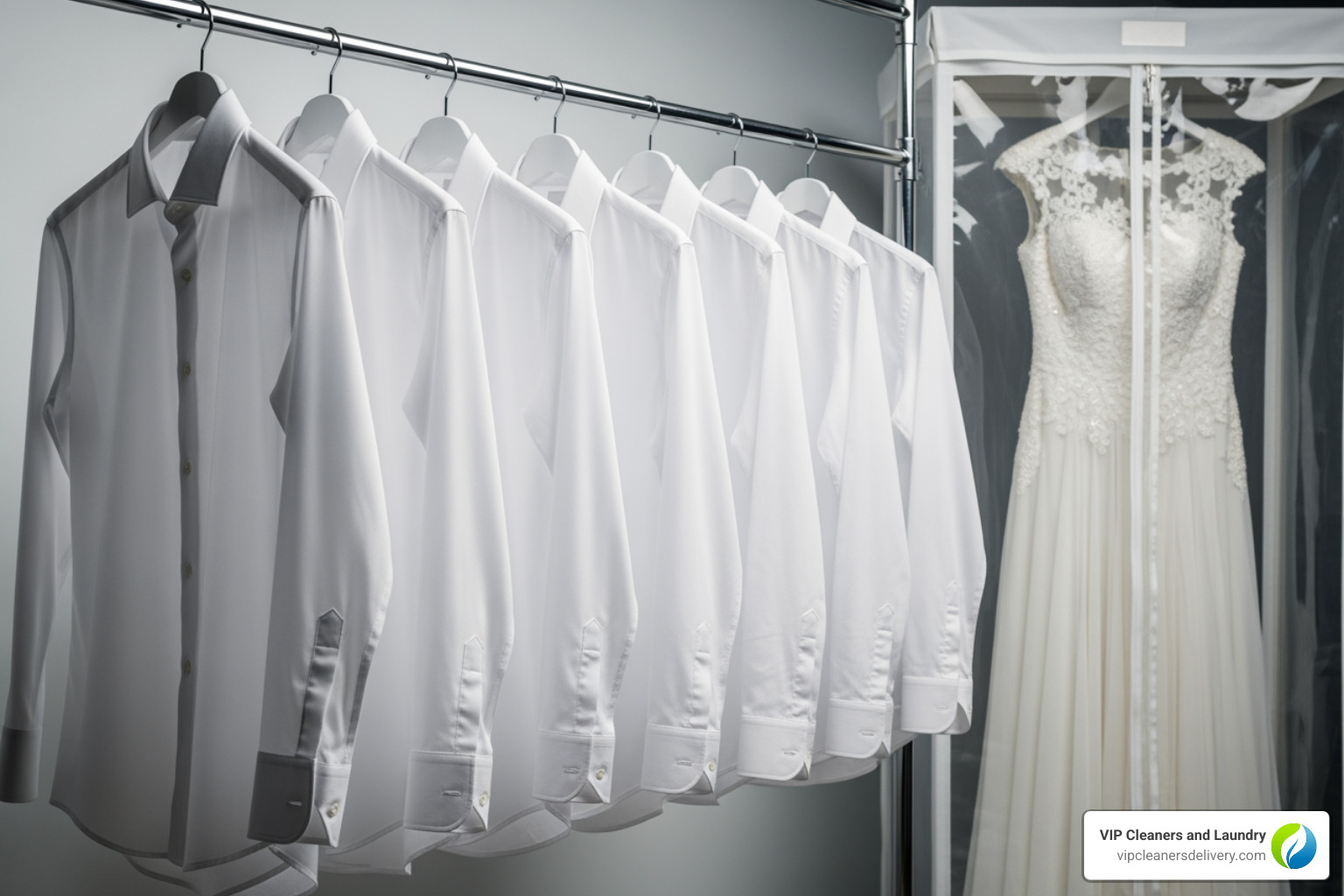 neatly pressed shirts and a preserved wedding dress - san diego laundry pick up