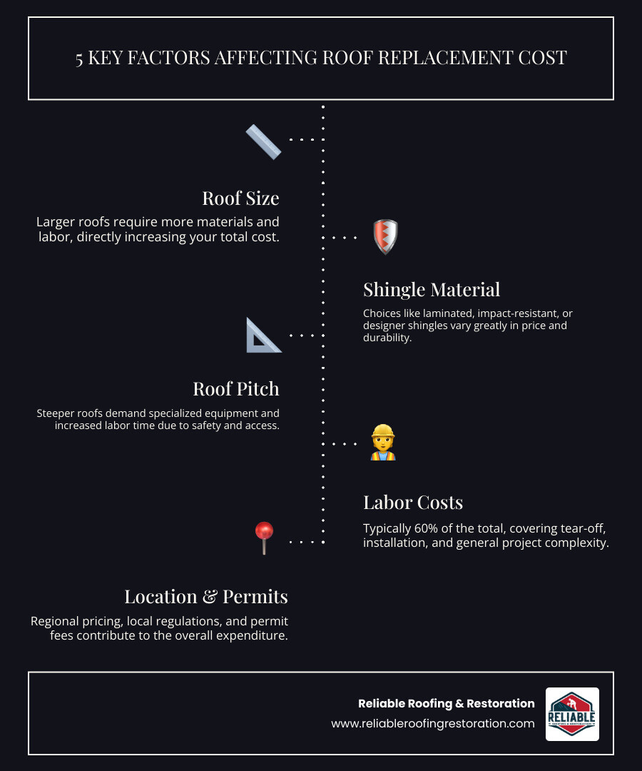 infographic showing the main factors affecting roof replacement cost including roof size measured in square feet, shingle material type showing laminated impact resistant and designer options, roof pitch illustrated with steep versus flat angles, labor costs as a percentage of total price, and geographic location in the Houston area - cost of replacing a shingle roof infographic infographic-line-5-steps-dark infographic showing the main factors affecting roof replacement cost including roof size measured in square feet, shingle material type showing laminated impact resistant and designer options, roof pitch illustrated with steep versus flat angles, labor costs as a percentage of total price, and geographic location in the Houston area - cost of replacing a shingle roof infographic infographic-line-5-steps-dark