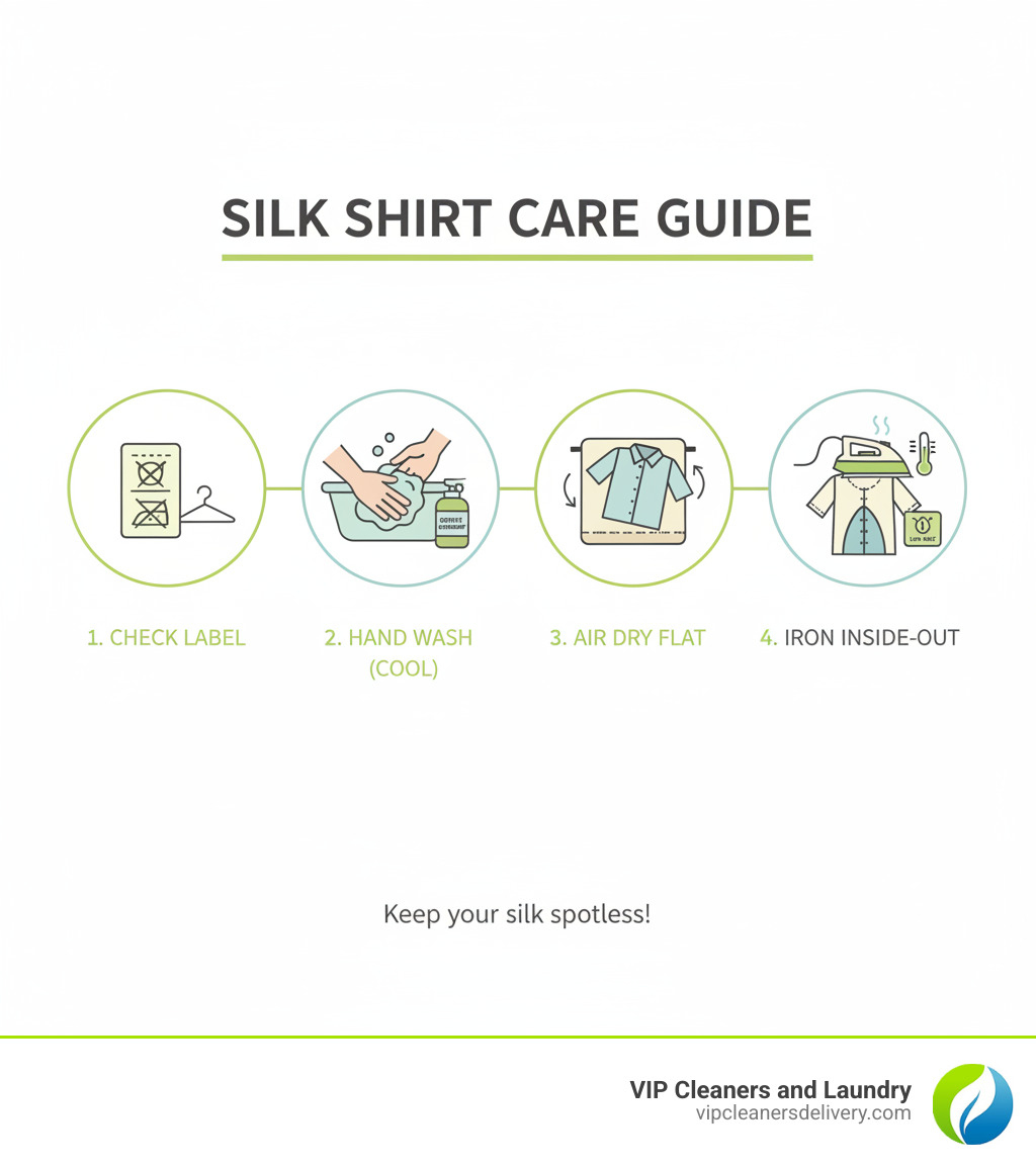 Step-by-step silk shirt cleaning infographic showing care label check, hand-washing in cool water with gentle detergent, air drying flat on towel, and ironing inside-out on lowest heat setting - silk shirt cleaning infographic 
