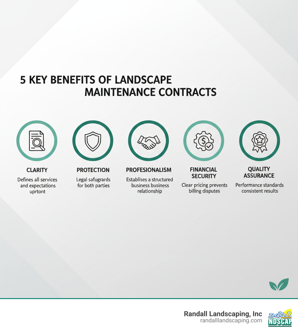 infographic showing 5 key benefits of landscape maintenance contracts: 1. Clarity - defines all services and expectations upfront, 2. Protection - legal safeguards for both parties, 3. Professionalism - establishes a structured business relationship, 4. Financial Security - clear pricing prevents billing disputes, 5. Quality Assurance - performance standards ensure consistent results - landscape maintenance contracts infographic 