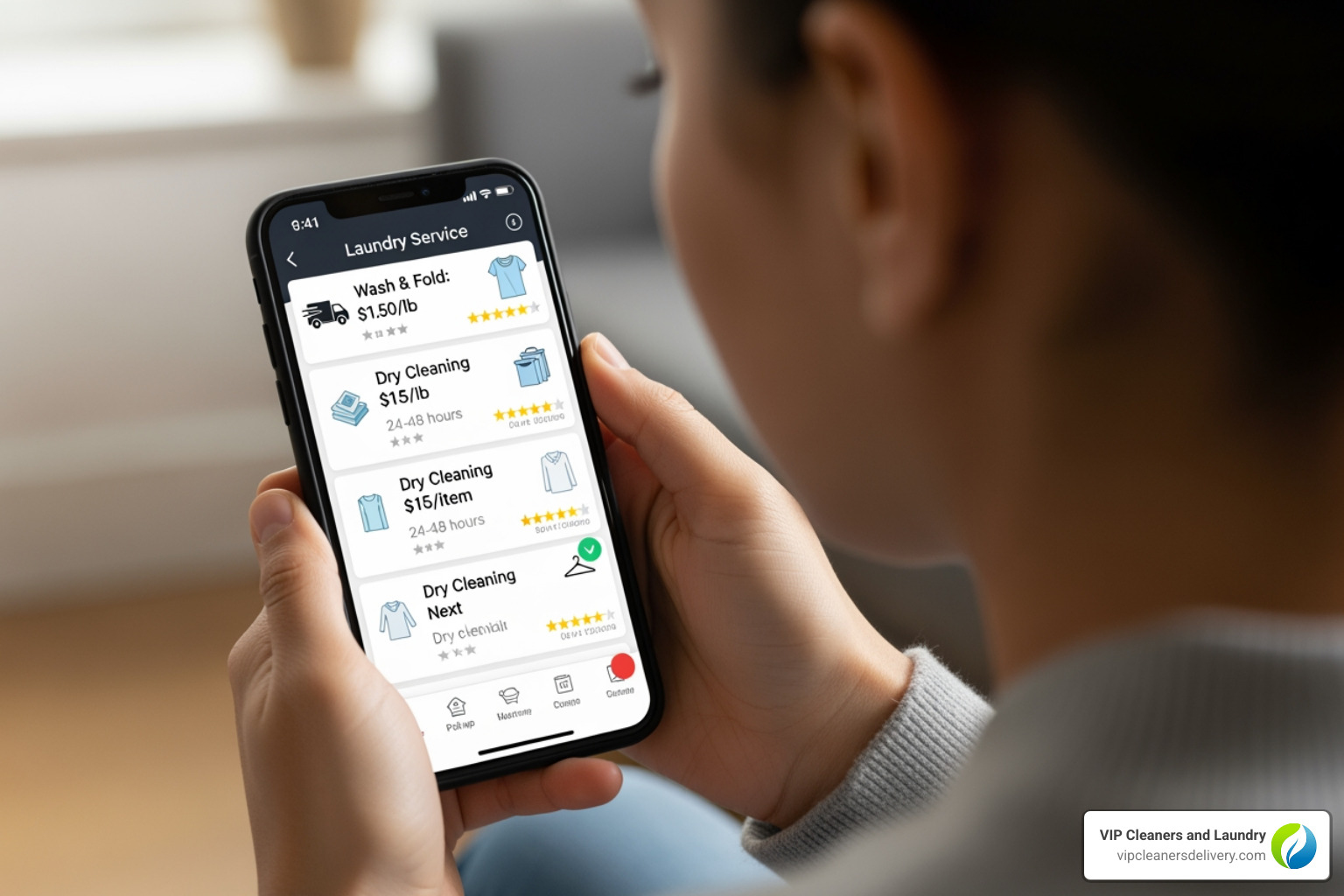 person comparing laundry service options on a phone - san diego laundry pick up