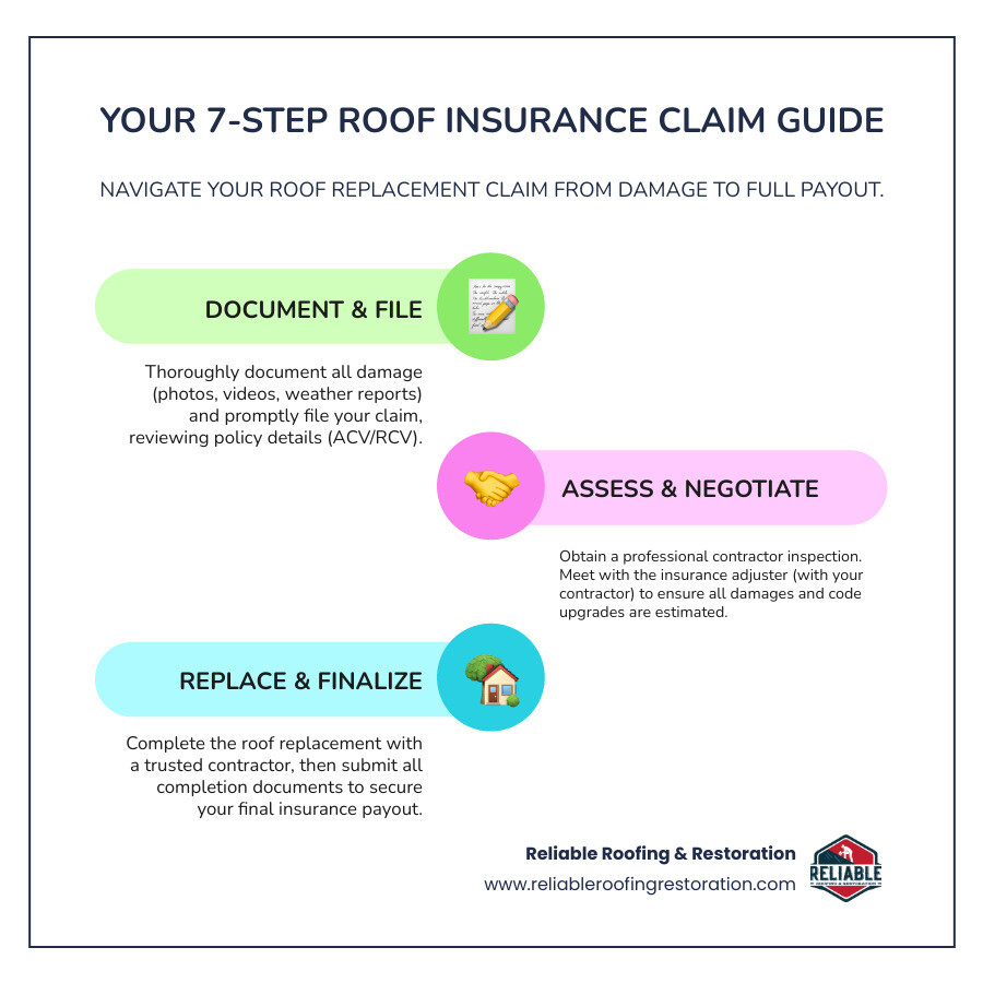 infographic showing the 7-step roof insurance claim process: 1. Document damage with photos and weather reports, 2. Review policy coverage type (ACV vs RCV), 3. File claim with insurance company, 4. Schedule professional roof inspection, 5. Meet with insurance adjuster alongside contractor, 6. Supplement estimate for missing items and code upgrades, 7. Complete replacement and submit final documentation for full payout - getting a roof replaced on insurance infographic infographic-line-3-steps-colors