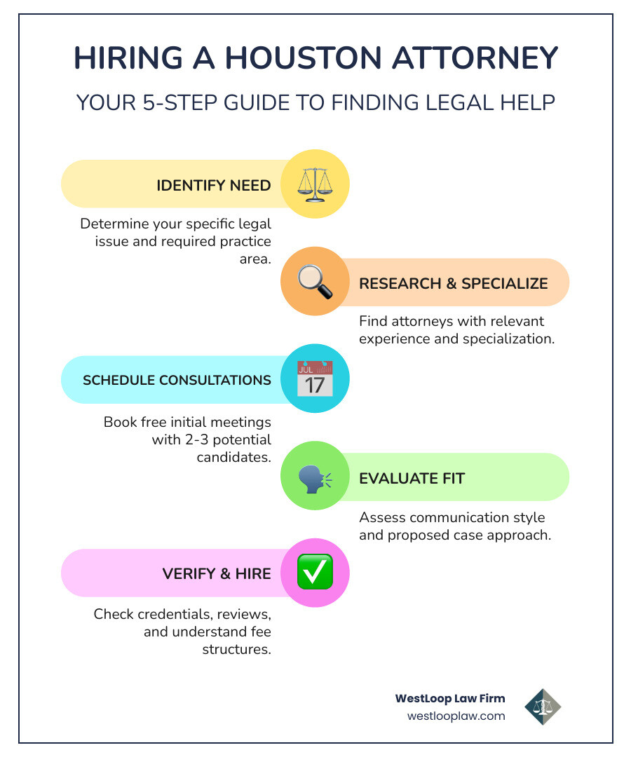 Infographic showing 5 steps to hiring the right attorney in Houston: 1) Identify your specific legal need and practice area, 2) Research attorneys with relevant specialization and experience, 3) Schedule free consultations with 2-3 candidates, 4) Evaluate communication style and case approach, 5) Verify credentials, reviews, and fee structure before hiring - Attorney Houston TX infographic infographic-line-5-steps-colors