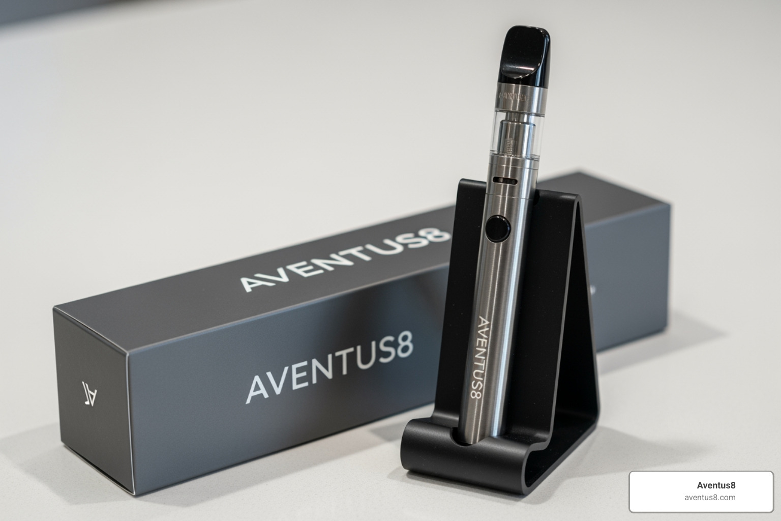 An Aventus8 vape pen stored upright in a stand next to its original packaging - How to store vapes An Aventus8 vape pen stored upright in a stand next to its original packaging - How to store vapes
