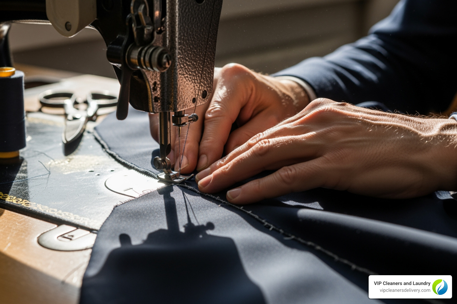 a tailor's hands working on a sewing machine with a piece of formal wear - tailor services san diego