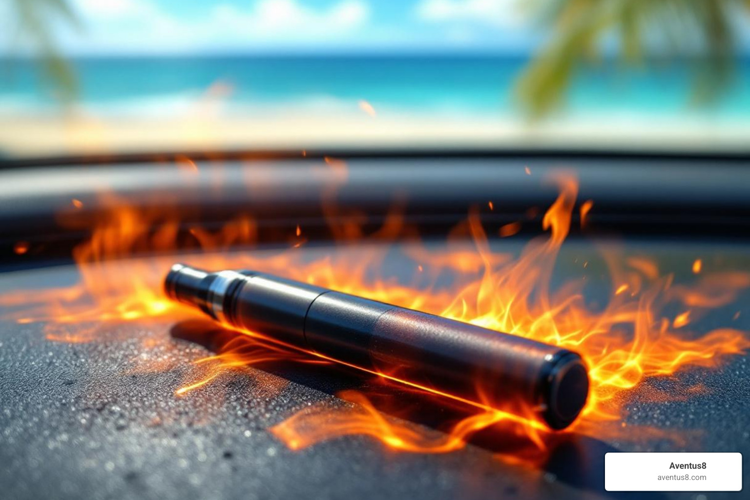 An Aventus8 vape pen left on a hot car dashboard at Hollywood Beach with a "warning" symbol - How to store vapes An Aventus8 vape pen left on a hot car dashboard at Hollywood Beach with a "warning" symbol - How to store vapes