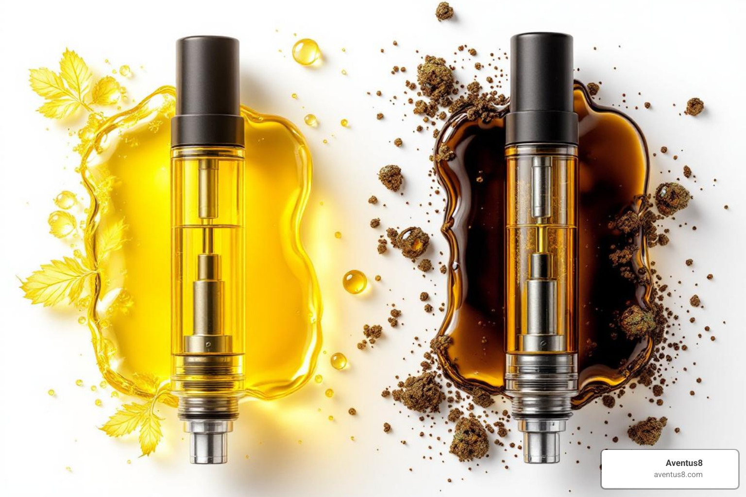 Image comparing a fresh, golden Aventus8 vape oil to a dark, degraded one - How to store vapes Image comparing a fresh, golden Aventus8 vape oil to a dark, degraded one - How to store vapes