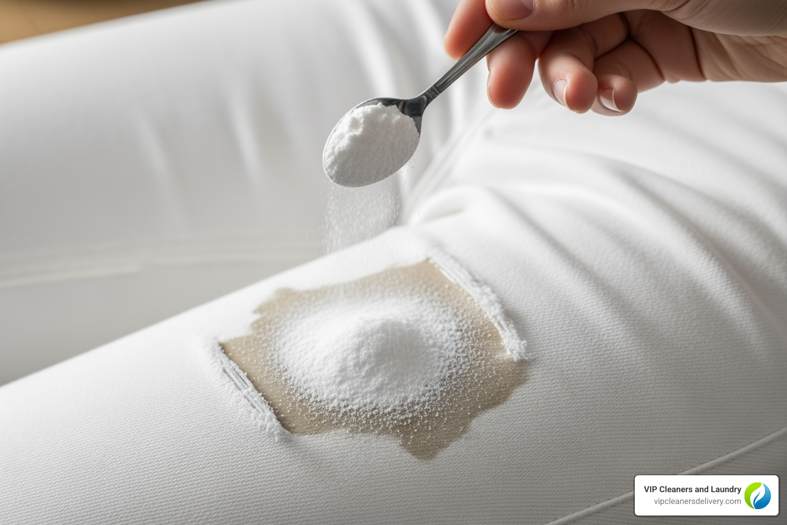 baking soda being sprinkled on a grease stain on a pair of white jeans. - how to clean stained white jeans baking soda being sprinkled on a grease stain on a pair of white jeans. - how to clean stained white jeans