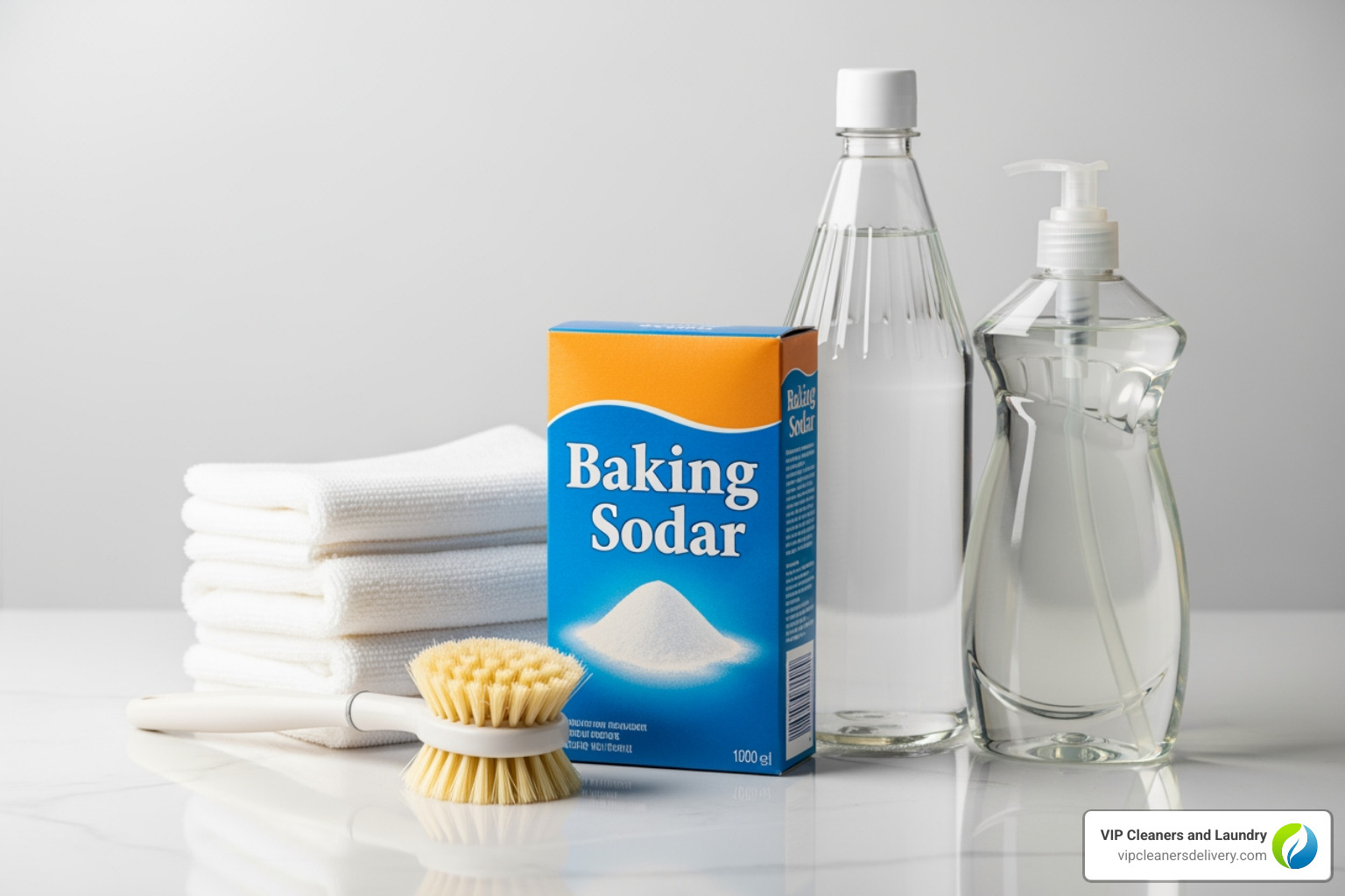 essential cleaning agents and tools neatly arranged: a box of baking soda, a bottle of white vinegar, dish soap, a soft brush, and white cloths. - how to clean stained white jeans essential cleaning agents and tools neatly arranged: a box of baking soda, a bottle of white vinegar, dish soap, a soft brush, and white cloths. - how to clean stained white jeans