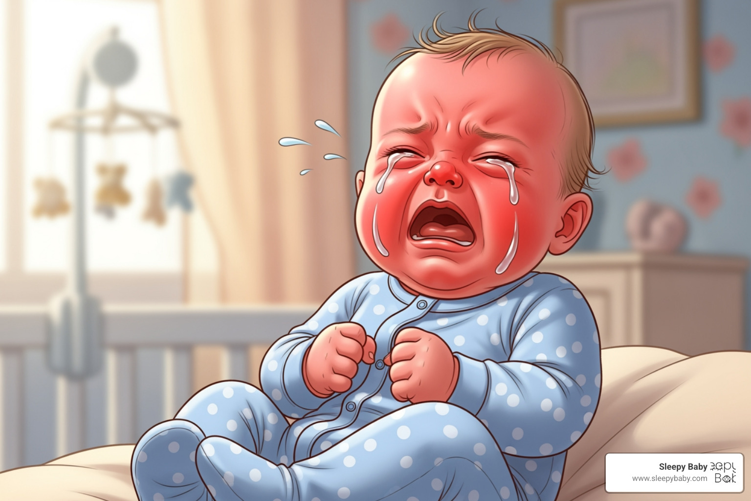 Illustration of a baby's body language during a colic episode (clenched fists, curled legs, red face). - when does colic go away in babies