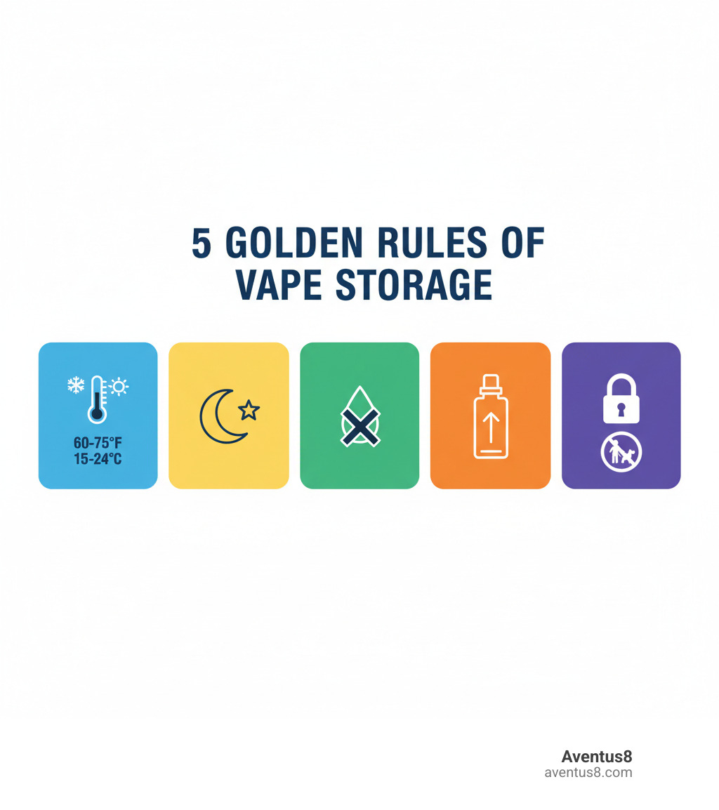 Infographic showing the 5 golden rules of vape storage with icons: a thermometer showing 60-75°F for Cool storage, a moon symbol for Dark conditions, a droplet with an X for Dry environment, an upward arrow for Upright positioning, and a lock for Safe storage away from children and pets - How to store vapes infographic Infographic showing the 5 golden rules of vape storage with icons: a thermometer showing 60-75°F for Cool storage, a moon symbol for Dark conditions, a droplet with an X for Dry environment, an upward arrow for Upright positioning, and a lock for Safe storage away from children and pets - How to store vapes infographic