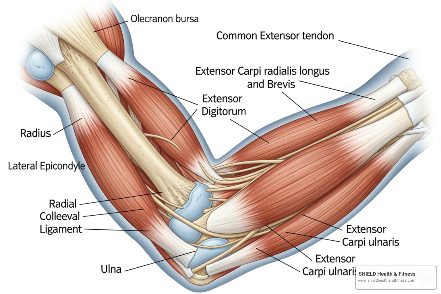 Anatomical diagram of the elbow showing tendons and muscles - Elbow pain pickleball