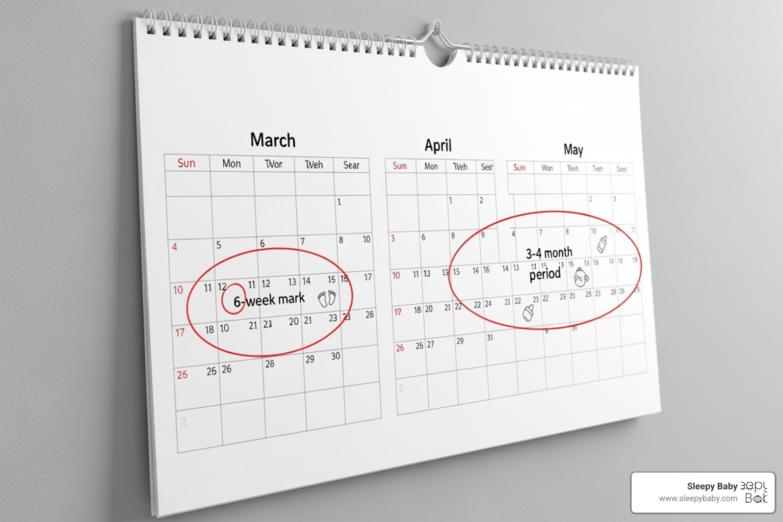 Calendar highlighting the 6-week mark as the peak and the 3-4 month mark as the typical end point for colic. - when does colic go away in babies