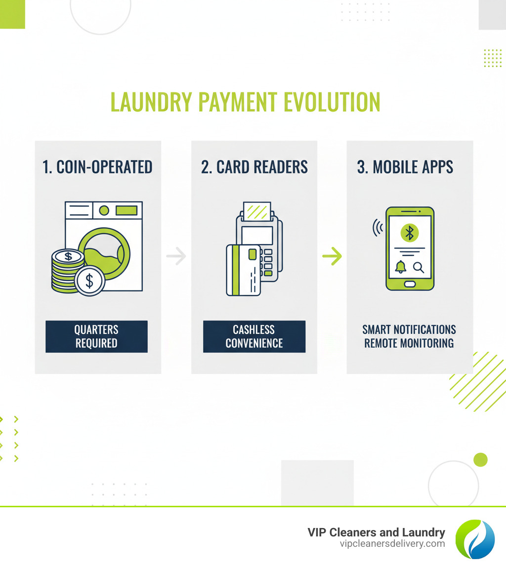 infographic showing the evolution from coin-operated machines to card readers to mobile apps with Bluetooth connectivity, highlighting benefits at each stage: quarters required vs cashless convenience vs smart notifications and remote monitoring - wash laundry mobile infographic 