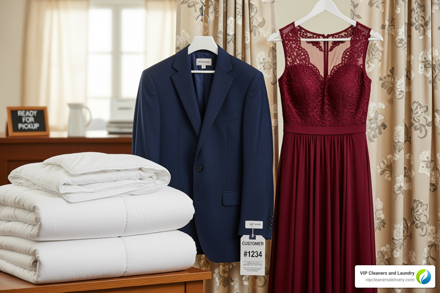 various items that can be dry cleaned, like a suit, a dress, a comforter, and drapes - Dry cleaners delivery various items that can be dry cleaned, like a suit, a dress, a comforter, and drapes - Dry cleaners delivery