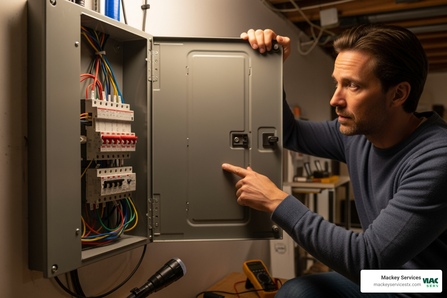 homeowner looking at tripped circuit breaker - electrical repair webster tx homeowner looking at tripped circuit breaker - electrical repair webster tx