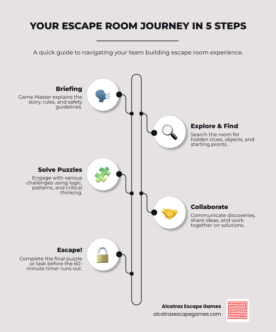 Infographic showing the 5 steps of an escape room experience: Step 1 - Briefing (Game Master explains story and rules), Step 2 - Explore & Find (Search room for hidden clues and objects), Step 3 - Solve Puzzles (Work through challenges using logic and teamwork), Step 4 - Collaborate (Share discoveries and combine ideas), Step 5 - Escape! (Solve final puzzle before time runs out) - team building escape room infographic infographic-line-5-steps-elegant_beige