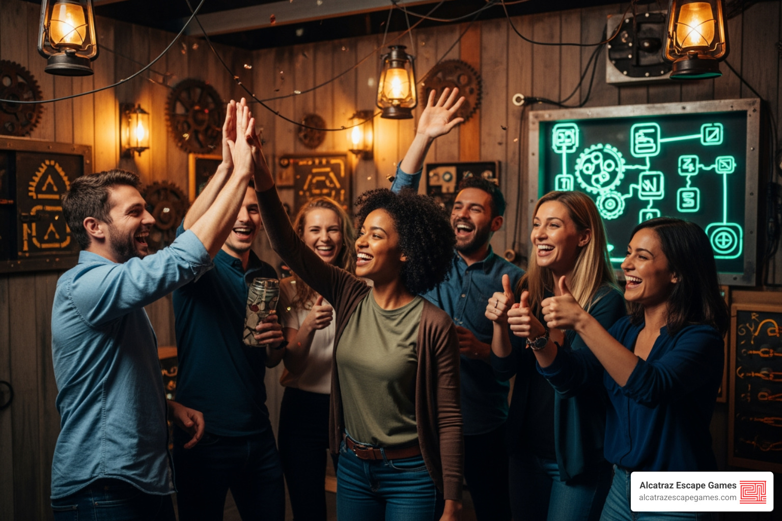 team high-fiving after successfully escaping a room - team building escape room