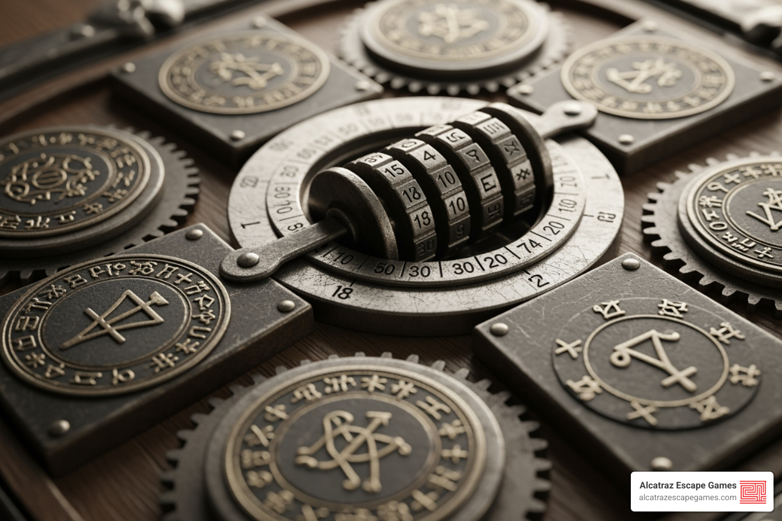 close-up on a cryptic puzzle or a combination lock - team building escape room