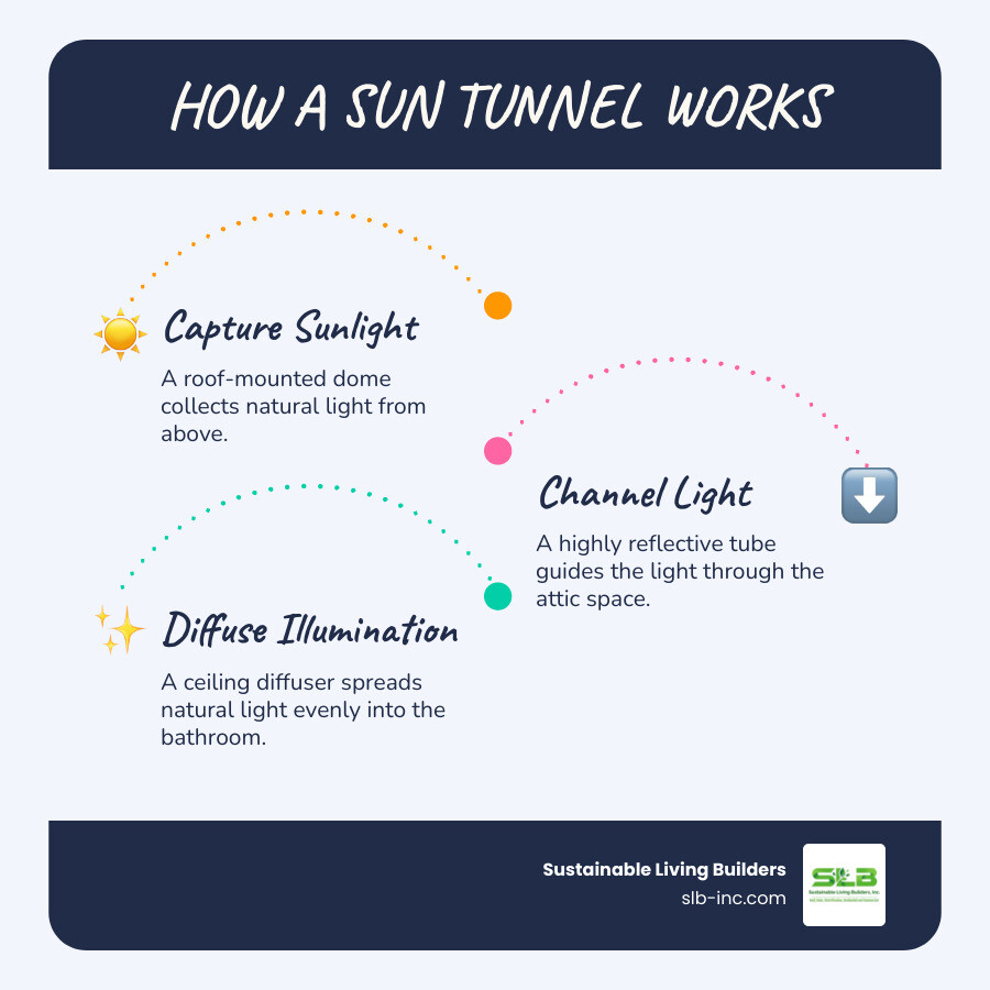 Infographic showing how a sun tunnel works: sunlight enters through a rooftop dome, travels down a reflective tube through the attic space, and disperses through a ceiling diffuser into the bathroom below - bathroom sun tunnel infographic infographic-line-3-steps-blues-accent_colors