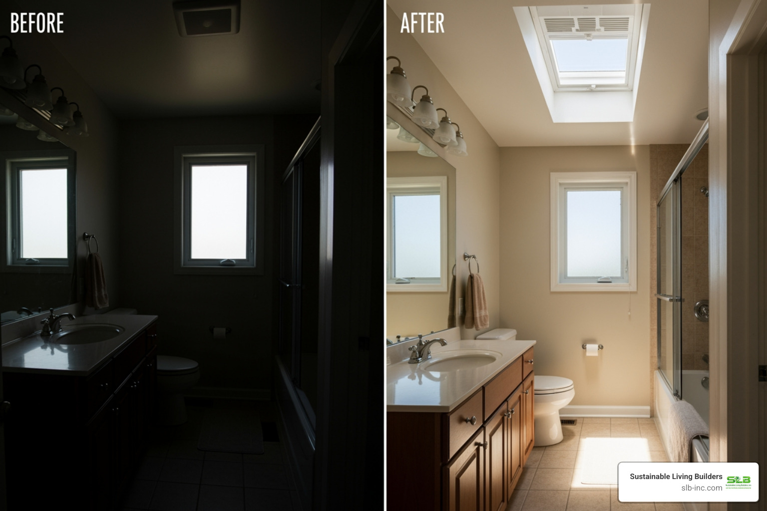 Before and after comparison of a dark bathroom and the same bathroom lit by a sun tunnel - bathroom sun tunnel
