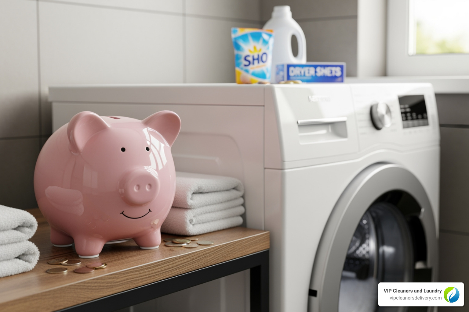 piggy bank next to washing machine - hassle free laundry