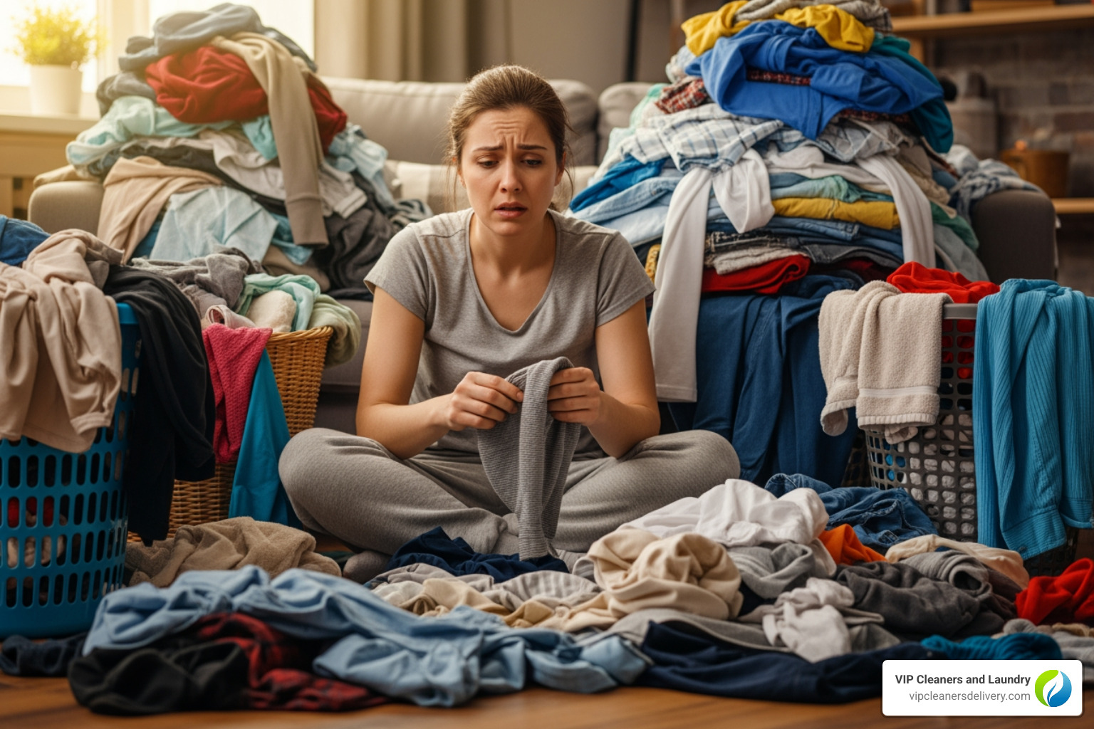 person looking stressed while sorting huge pile of clothes - hassle free laundry