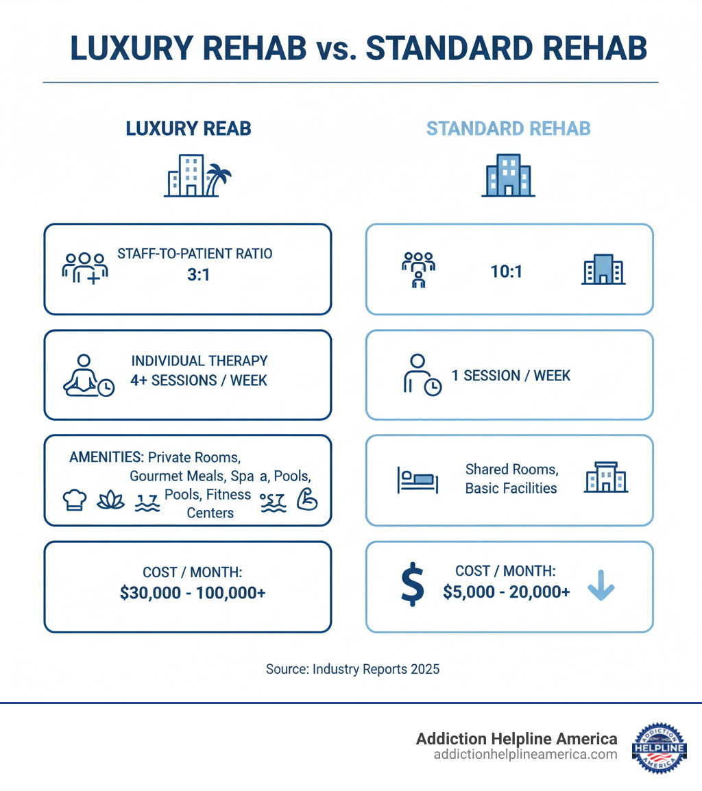 Infographic comparing luxury rehab vs standard rehab: staff-to-patient ratio 3:1 vs 10:1, individual therapy 4+ sessions per week vs 1 session per week, amenities including private rooms, gourmet meals, spa, pools, fitness centers vs shared rooms and basic facilities, cost range $30,000-$100,000+ per month vs $5,000-$20,000 per month - luxury rehab programs infographic 