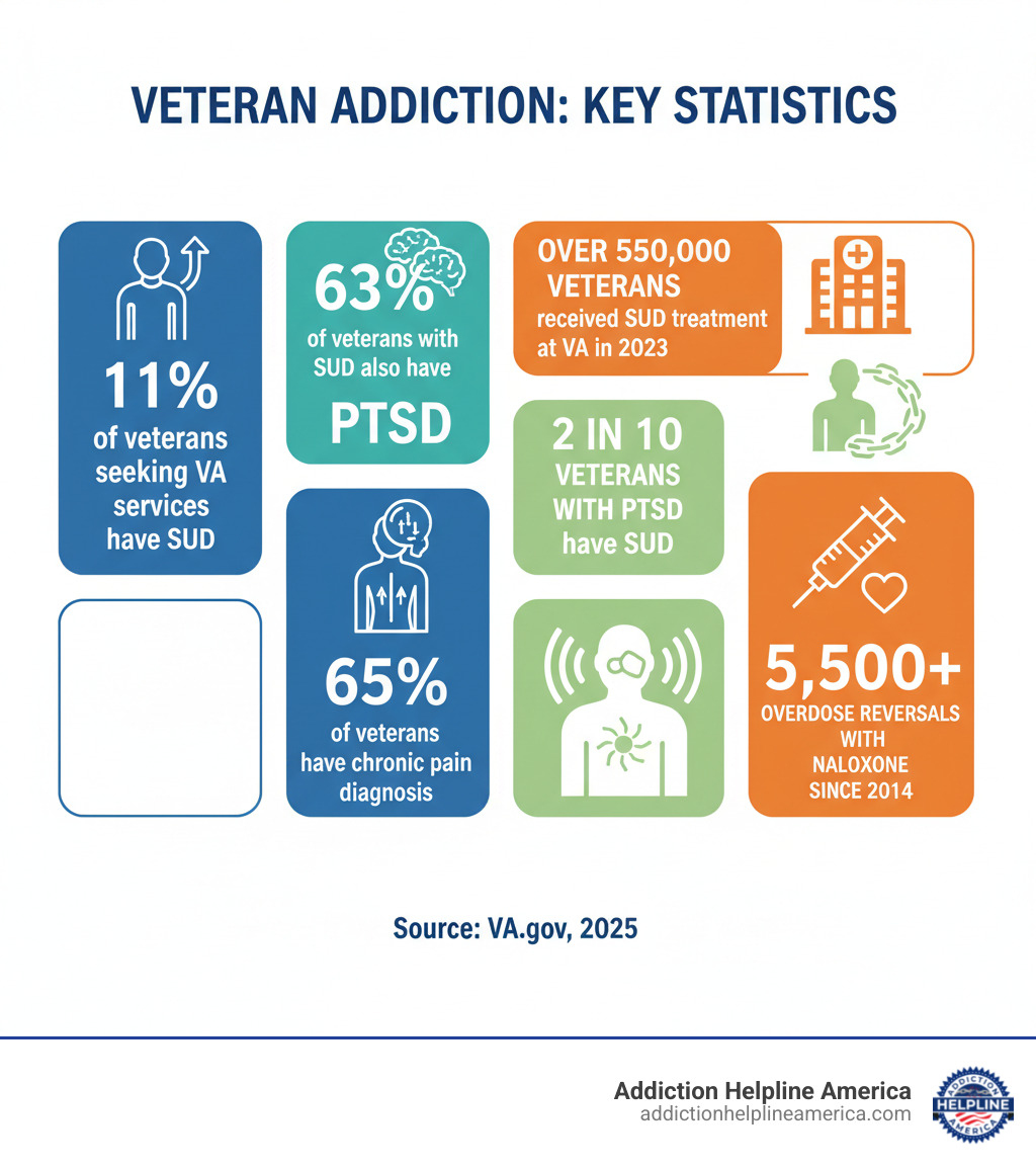 infographic showing veteran addiction statistics: 11% of veterans seeking VA services have SUD, 63% of veterans with SUD also have PTSD, over 550,000 veterans received SUD treatment at VA in 2023, 2 in 10 veterans with PTSD have SUD, 65% of veterans have chronic pain diagnosis, 5,500+ overdose reversals with naloxone since 2014 - veteran addiction treatment infographic 