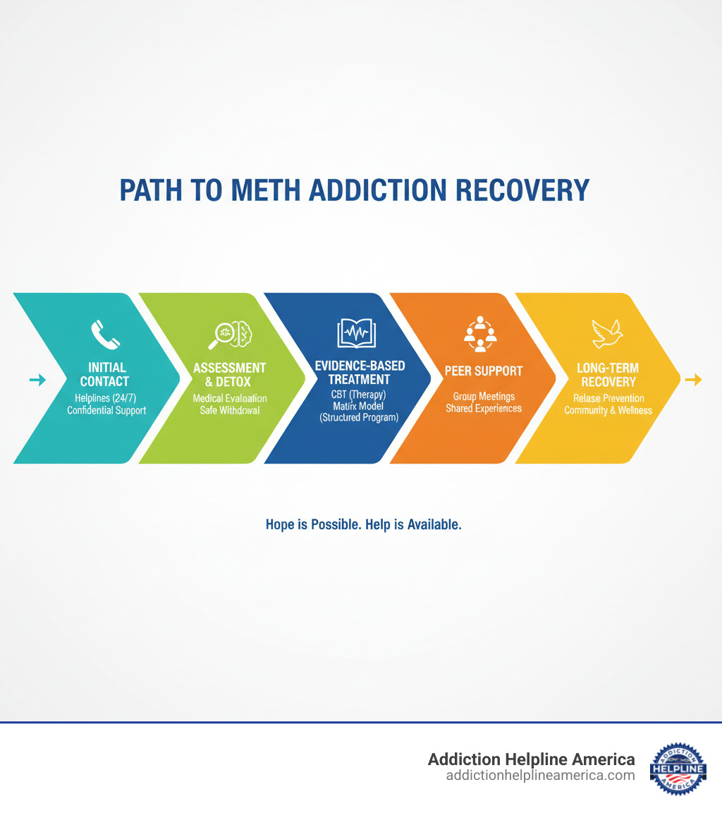 infographic showing the progression of meth addiction support from initial contact through helplines, assessment and detox, evidence-based treatment including CBT and Matrix Model, peer support groups, and long-term recovery with relapse prevention - meth addiction support infographic 