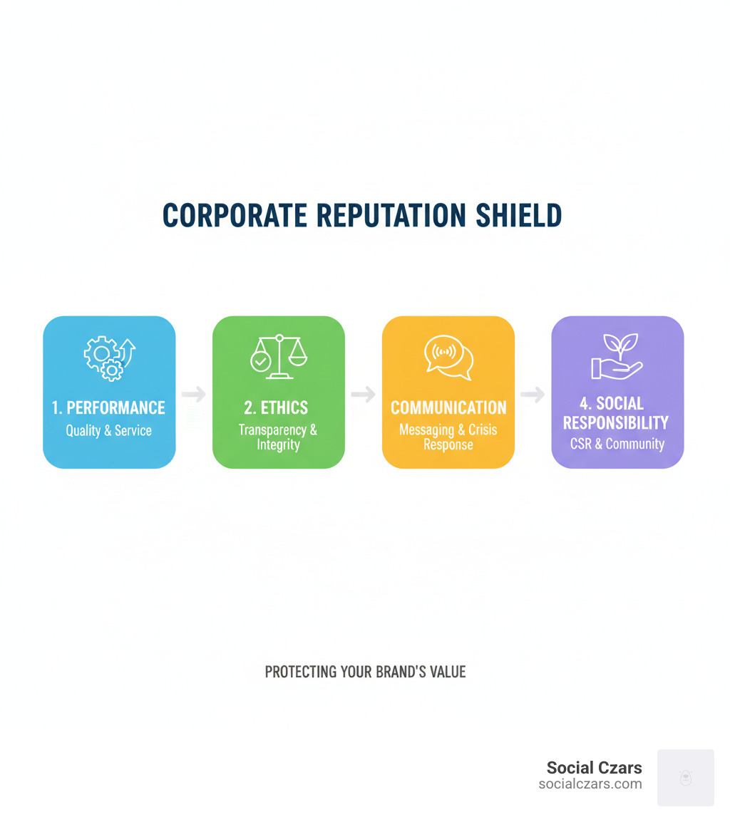 Infographic detailing the four key pillars of corporate reputation protection: Performance (quality, customer service), Ethics (transparency, integrity), Communication (clear messaging, crisis response), and Social Responsibility (CSR, community engagement). - corporate reputation protection infographic 