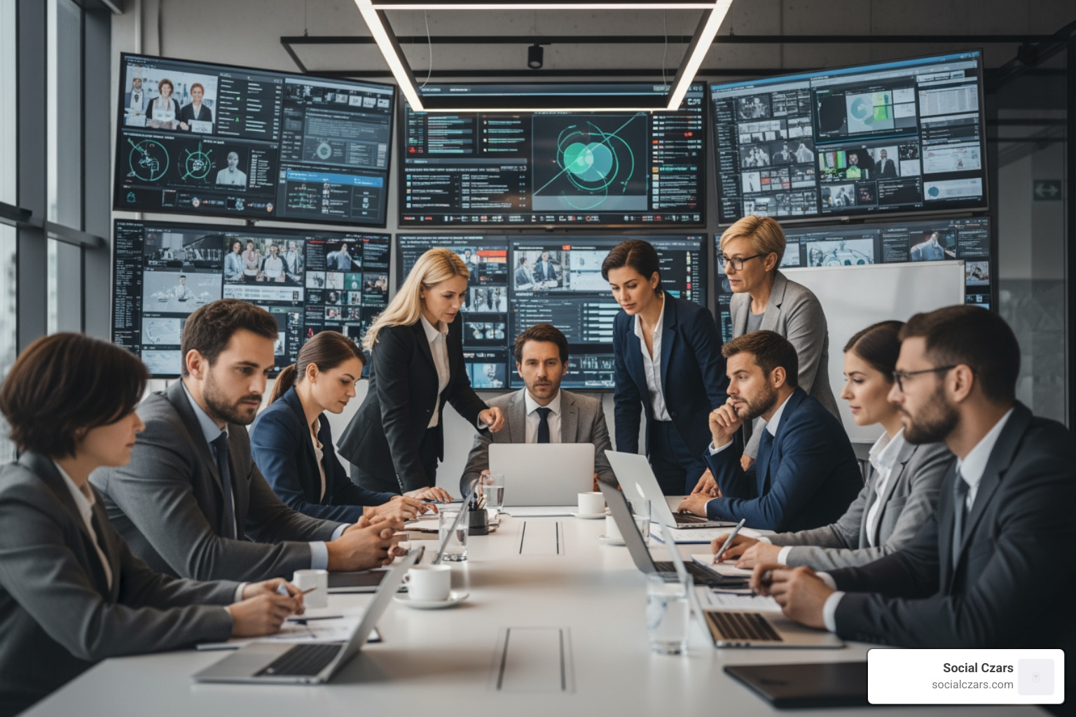 A diverse crisis management team, including executives, communications specialists, and legal counsel, gathered around a large table, looking at screens and discussing a strategy. - corporate reputation protection