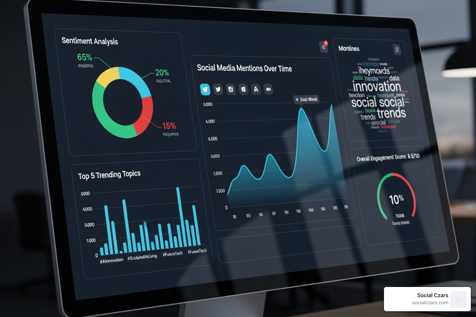 A digital dashboard showing social media mentions, sentiment analysis, and trending topics, with various charts and graphs indicating online activity. - corporate reputation protection